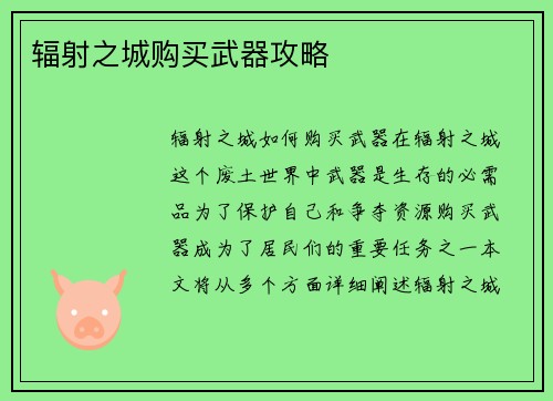 辐射之城购买武器攻略