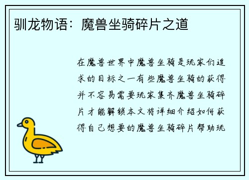 驯龙物语：魔兽坐骑碎片之道